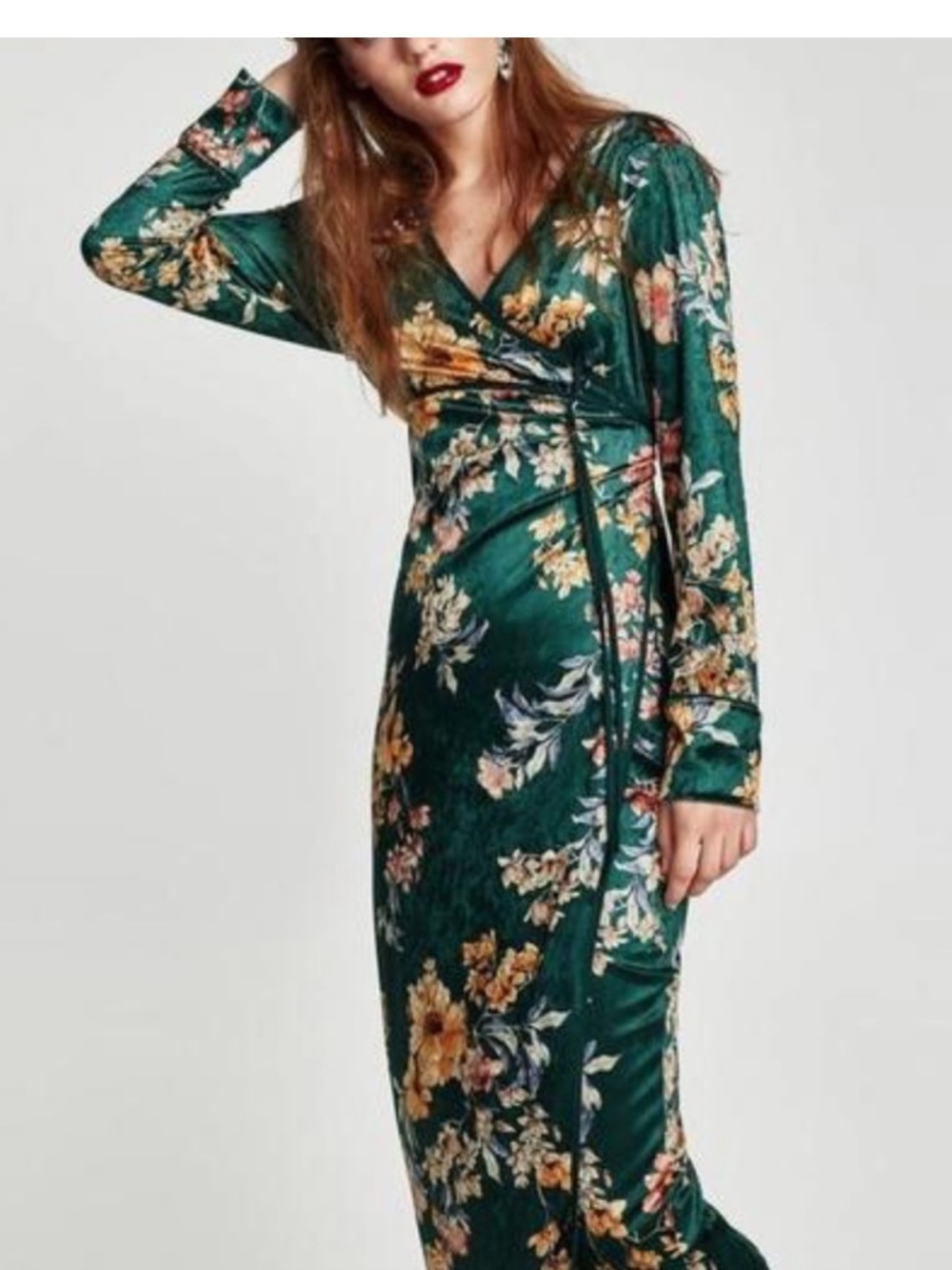 Zara Dark Green Floral Wrap Maxi Dress size small
